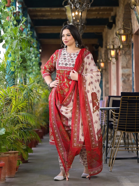 Women Plus Size Maroon Pure Cotton Kurta Set With Dupatta